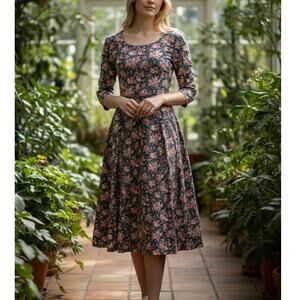 Vintage 90s Floral Midi Dress Cottagecore Prairie Black Pink Fit Flare